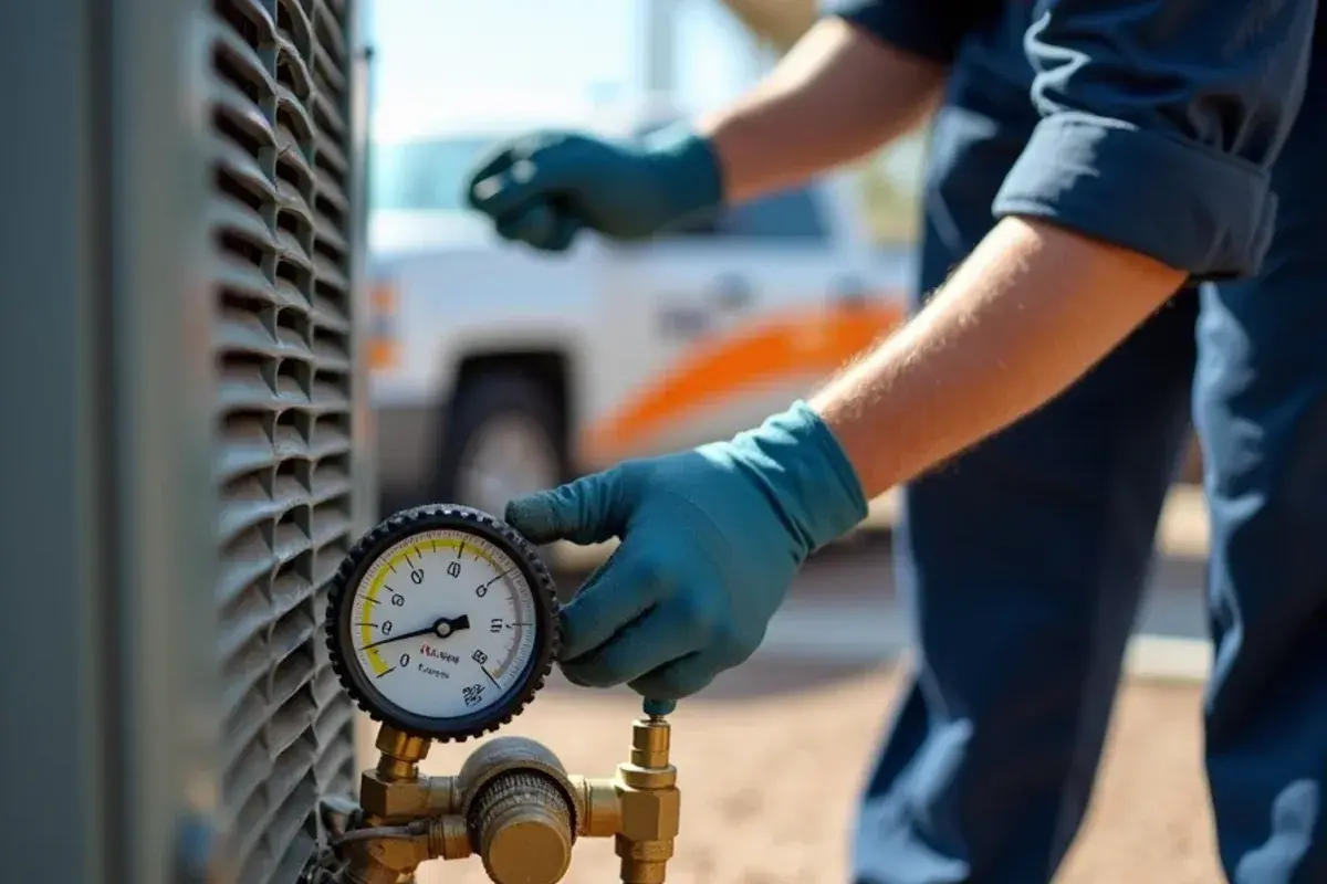 Digital refrigerant gauges connected to a condenser service valve during AC repair in Peñitas, TX
