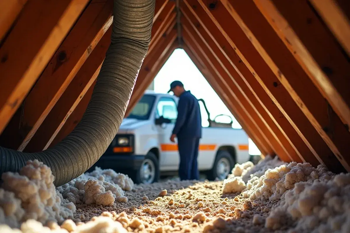 Sagging, crushed flex duct lying across ceiling joists in a hot attic in Perezville, TX