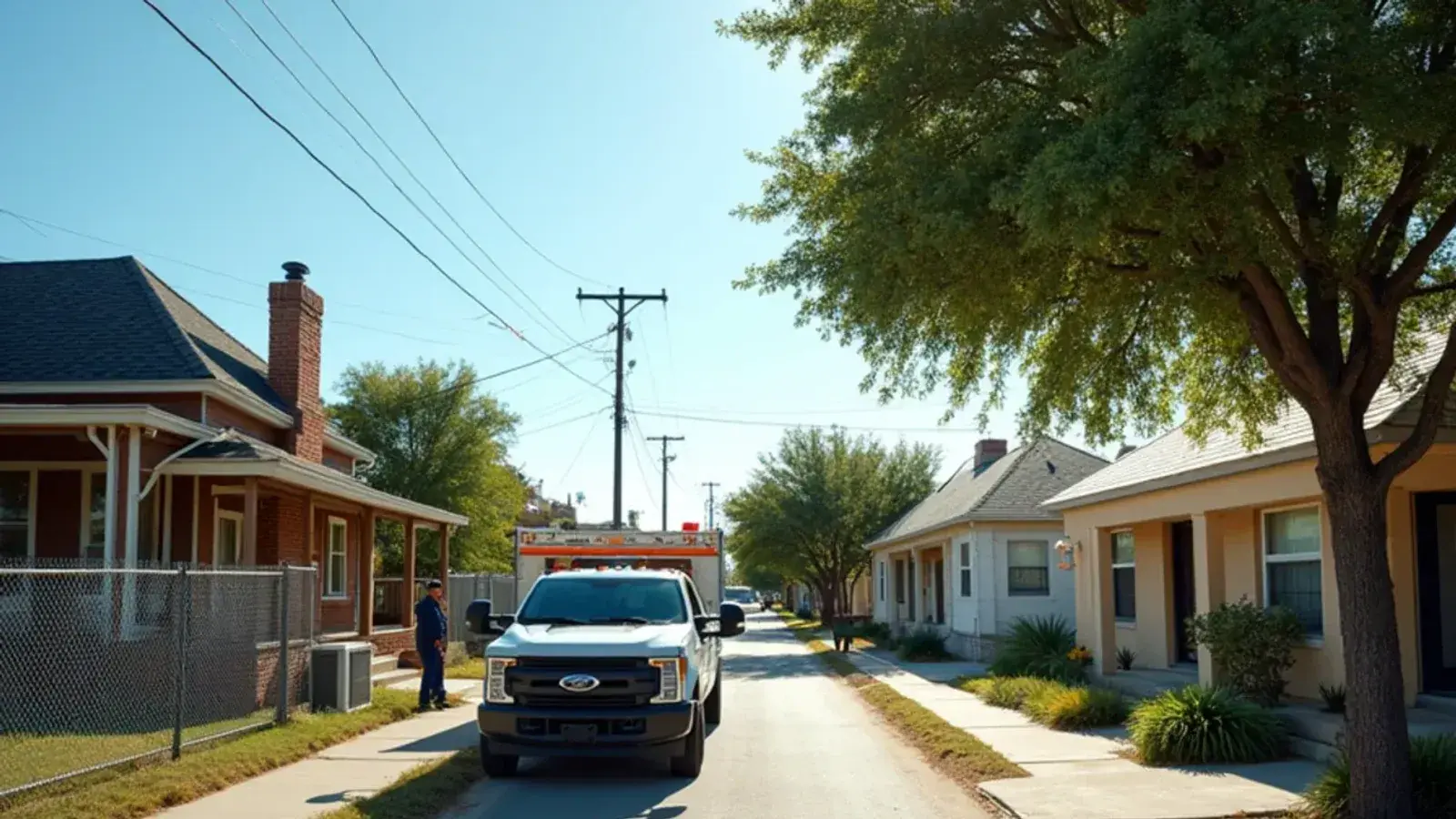 Narrow lane of older frame farmhouses and newer block infill homes in Perezville, TX
