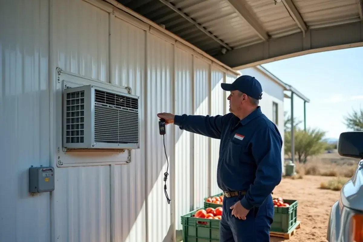Window AC and small controller mounted through the wall of an insulated cold room in Pharr