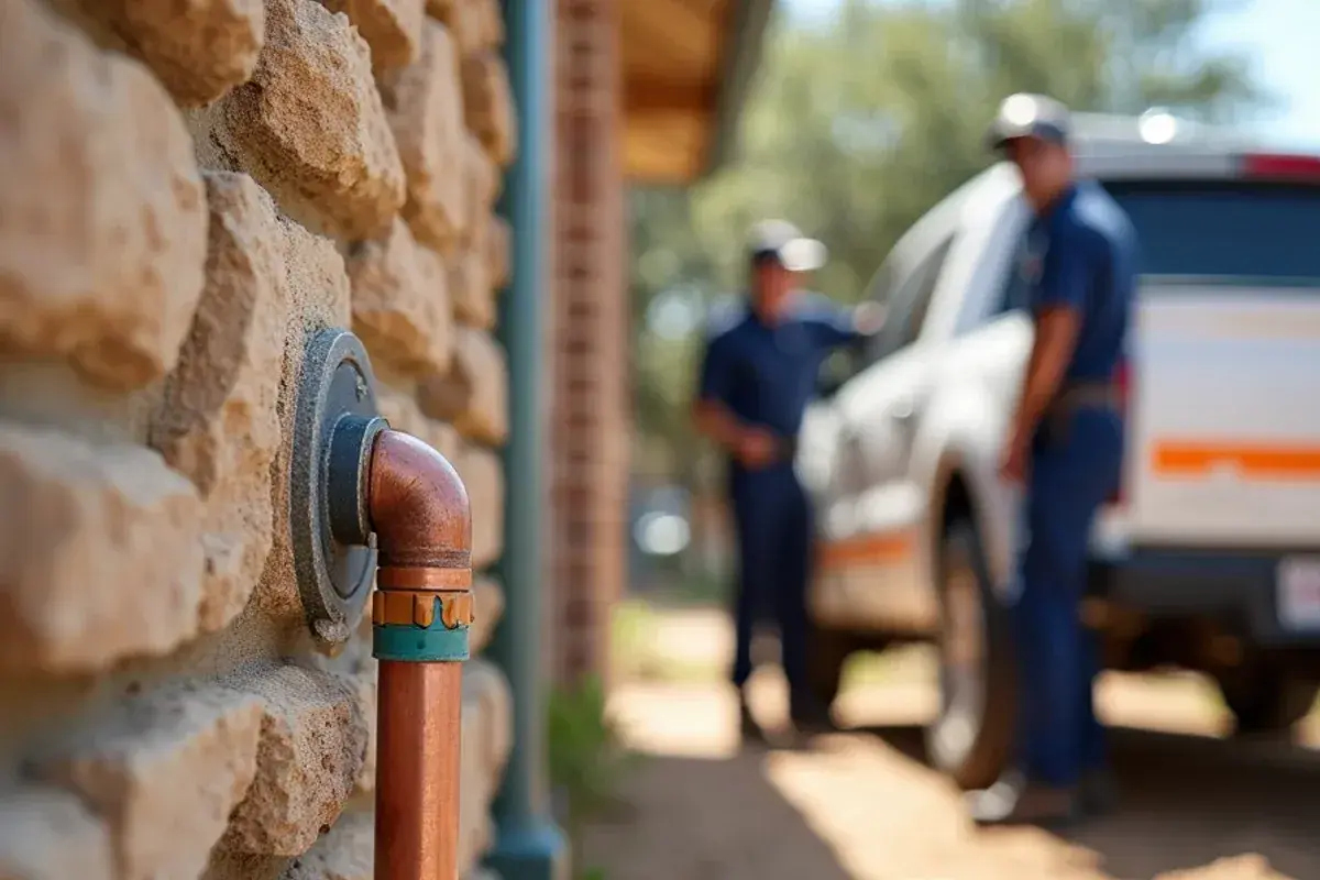 Insulated mini-split line set running along a thick sandstone wall in Roma, TX