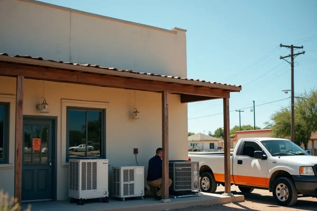 Condensing units on the flat roof of a small storefront along US-83 in Roma
