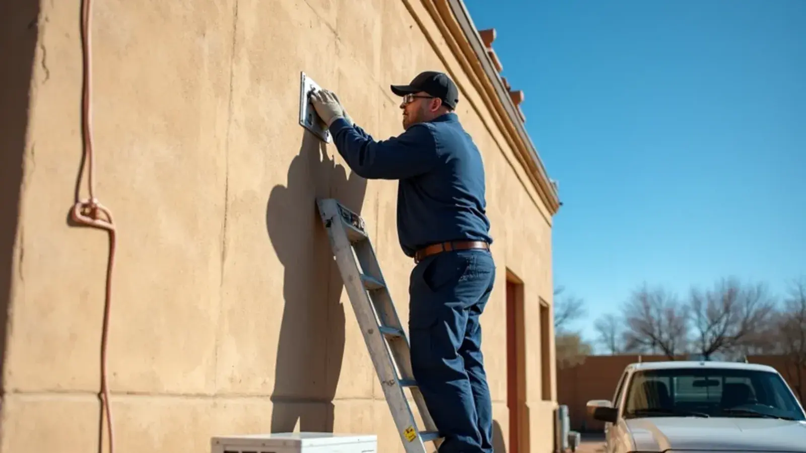 Technician fastening a mini-split line-set cover up the corner of a historic sandstone building in Roma, TX