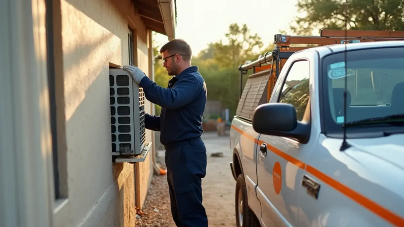 Technician uncovering a mini-split condenser at a closed-up stucco weekend house in Salineño, TX