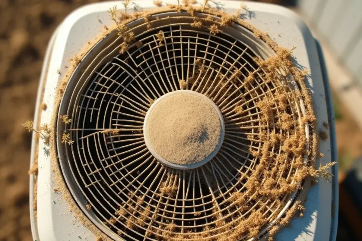 Layer of field dust coating the top grille and fan of an AC condenser beside farmland in San Carlos, TX