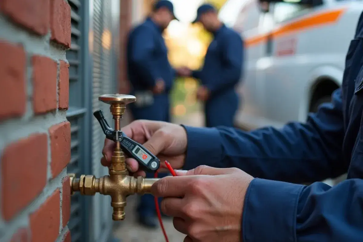 Technician measuring line temperatures on a condenser during an AC tune-up in San Carlos, TX