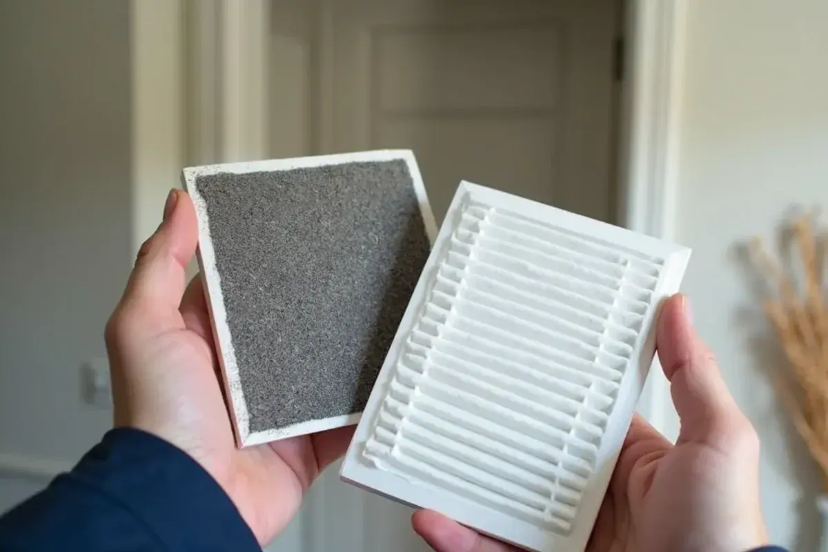 Dust-loaded air filter held next to a clean pleated filter at a home in San Carlos, TX