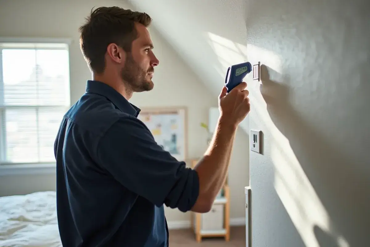 Thermometer reading supply air at an upstairs bedroom register in a Sharyland two-story home
