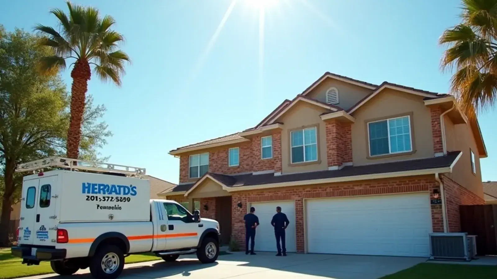 Two-story brick and stucco home with two condensers running in midsummer heat in Sharyland, TX