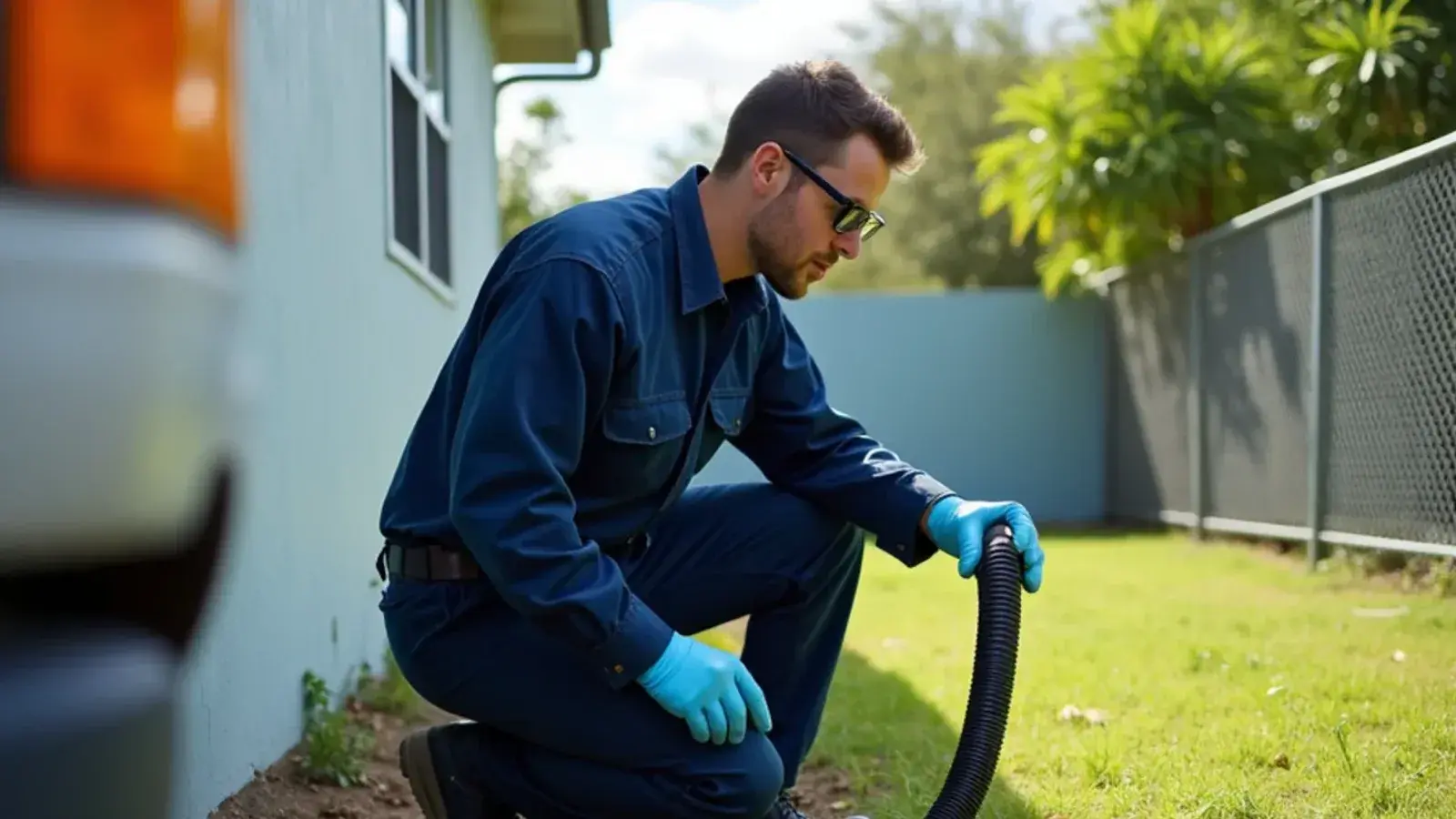 Technician clearing a condensate drain with a wet vac outside a block home in South Alamo, TX