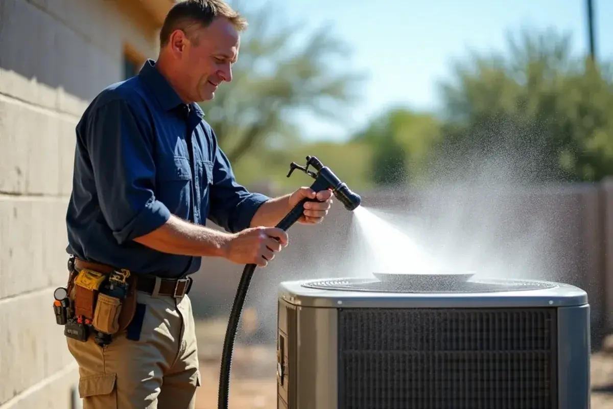 Technician rinsing a dusty condenser coil at a Starr County home surrounded by thornscrub