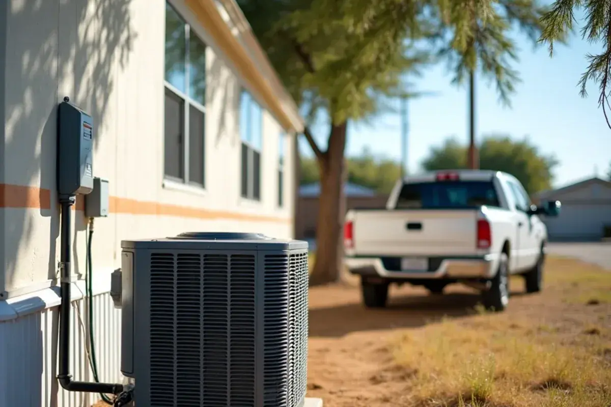 Package AC unit on blocks beside a manufactured home in Starr County, TX