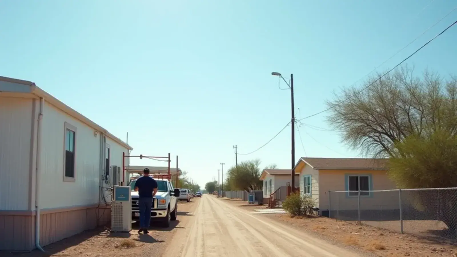 Unpaved lane of manufactured, block and frame homes with window units and AC condensers in Starr County, TX
