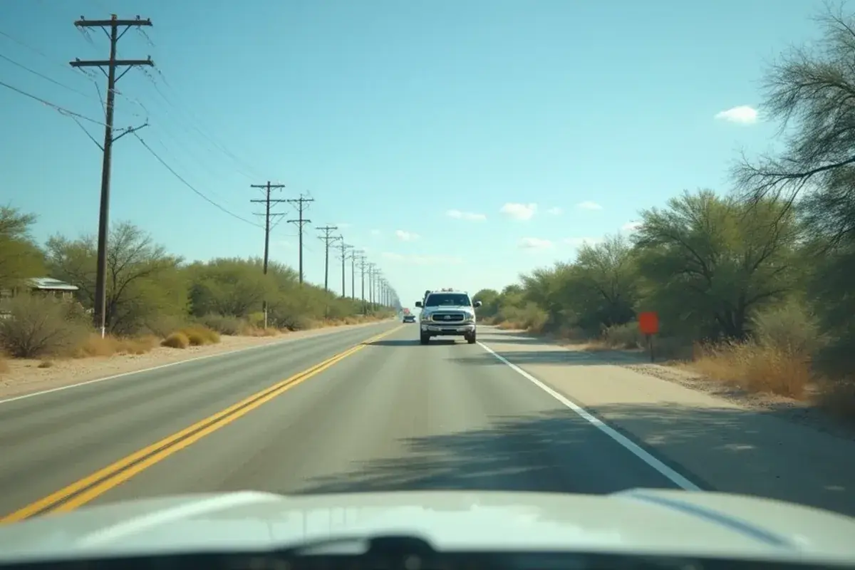 Straight four-lane highway through flat brush country west of Sullivan City toward Starr County