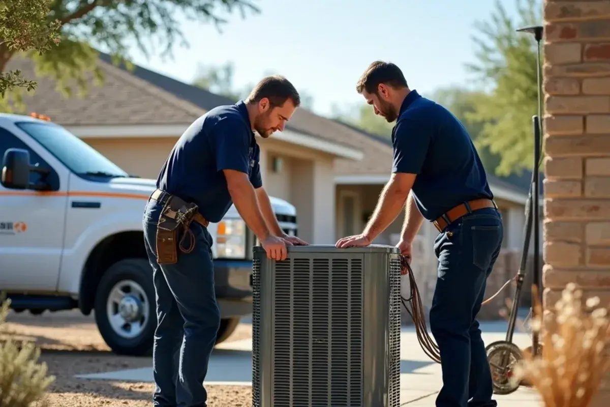 New AC condenser being set on a concrete pad during a system replacement near US-83 in Hidalgo County