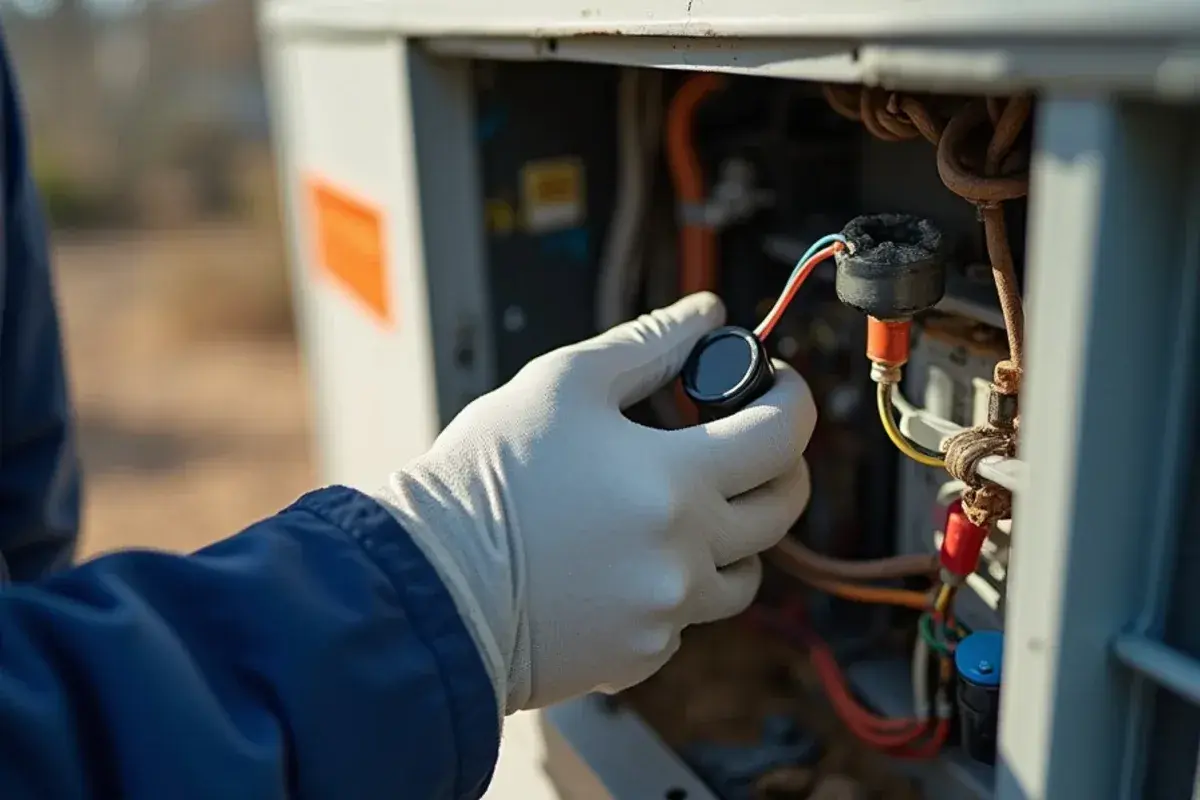 Technician replacing a swollen run capacitor in an outdoor AC unit in Valle Vista, TX