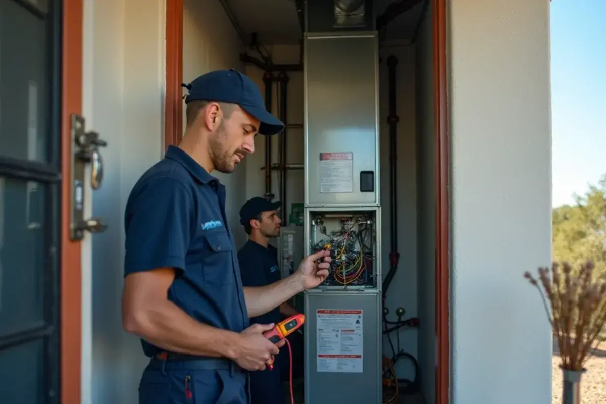Technician testing electric heat strips inside an air handler at a Valle Vista home