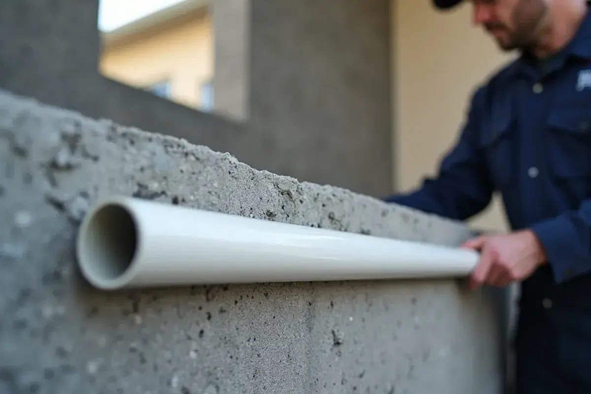 PVC sleeve set through a new concrete block wall for a future mini-split line set in West Alto Bonito