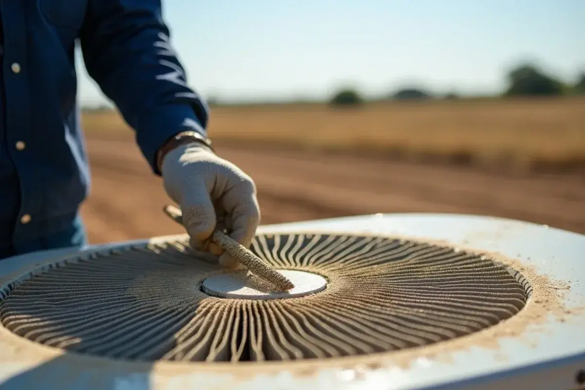 Close view of a condenser coil matted with field dust at a Willacy County farm home