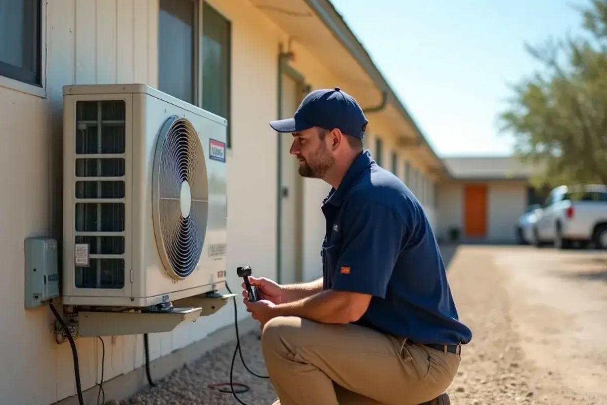 Technician checking a ductless outdoor unit behind a row of lodge rooms in Zapata County, TX