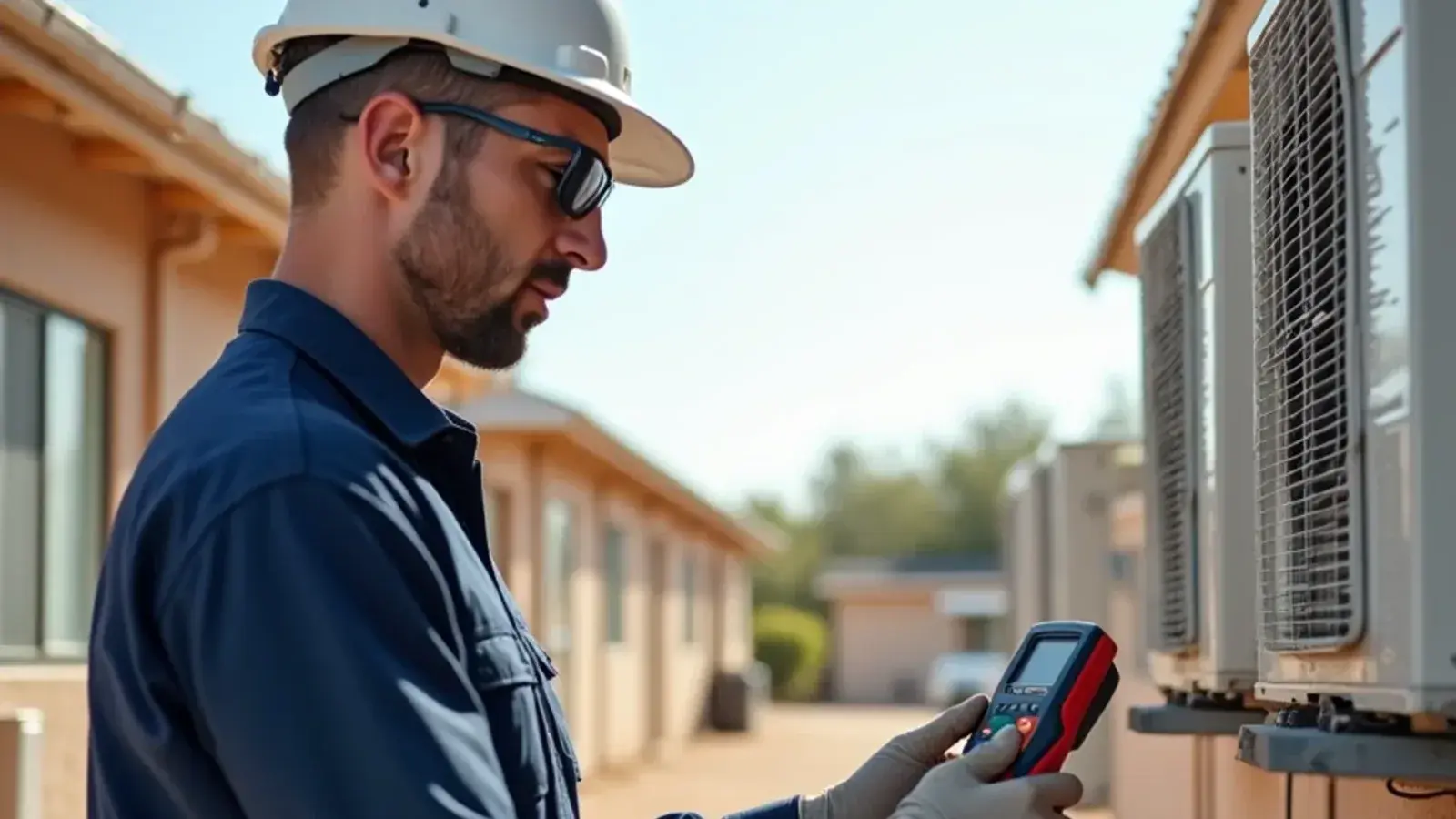 Technician testing a mini-split outdoor unit at a row of lodge-style guest rooms in Zapata County, TX