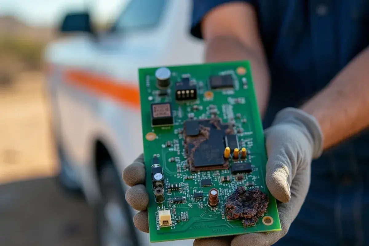 Control board with scorch marks from a power surge removed from an AC air handler in Rio Grande City