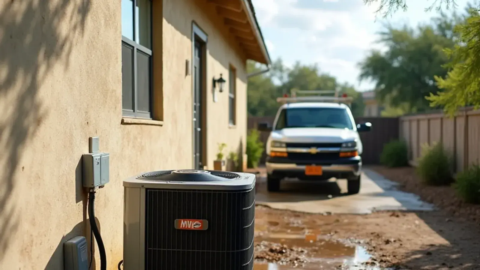 Outdoor AC condenser surrounded by storm debris and standing water after a storm in Rio Grande City, TX