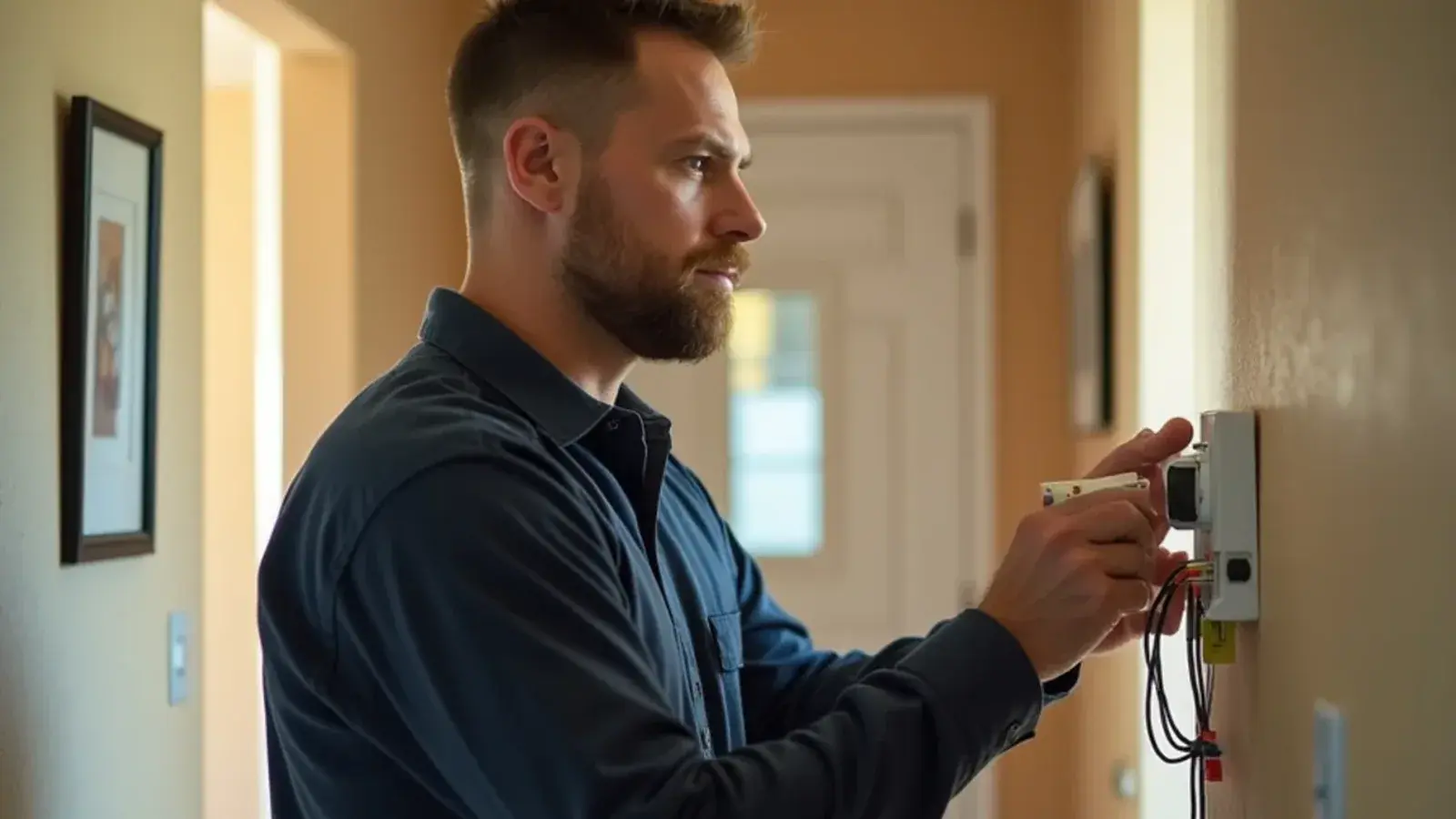 Technician mounting a smart thermostat on a hallway wall with labeled wires in a Rio Grande City, TX home
