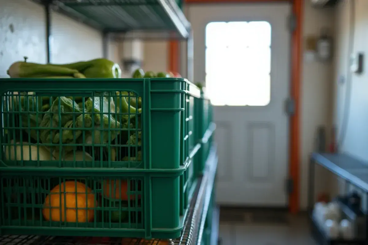 Crates of vegetables on shelves in a CoolBot produce cooler in the Rio Grande Valley