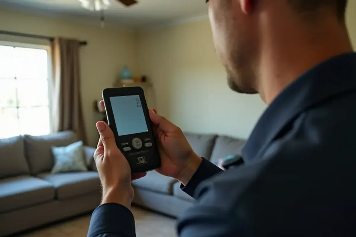Technician holding a humidity meter in a living room while checking why a house feels clammy