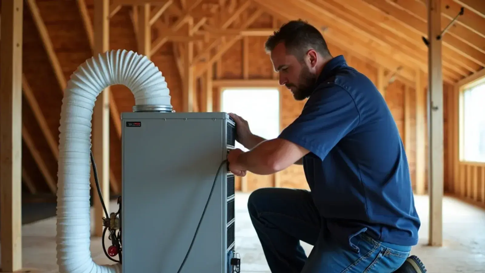 Ducted whole-home dehumidifier installed beside an air handler on an attic platform